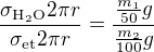 $\frac{\sigma _{\text{H}_2\text{O}}2\pi r}{\sigma _{\text{et}}2\pi r}=\frac{\frac{m_1}{50}g}{\frac{m_2}{100}g}$