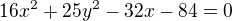 $16x^2+25y^2-32x-84=0$