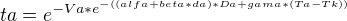 kopírovat do textarea $ta=e^{-Va*e^{-((alfa+beta*da)*Da+gama*(Ta-Tk))}}$