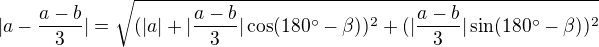 $|a-\frac{a-b}{3}|=\sqrt{(|a|+|\frac{a-b}{3}|\cos (180^\circ -\beta) )^{2}+(|\frac{a-b}{3}|\sin (180^\circ -\beta) )^{2}}$