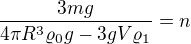 kopírovat do textarea $\frac{3mg}{4\pi R^{3}\varrho _{0}g-3gV\varrho _{1}}=n$