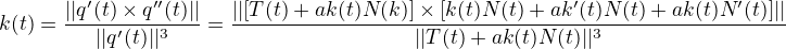 $k(t)=\frac{||q'(t) \times q''(t)||}{||q'(t)||^3}=\frac{||[T(t)+ak(t)N(k)] \times [k(t)N(t)+ak'(t)N(t)+ak(t)N'(t)]||}{||T(t)+ak(t)N(t)||^3}$