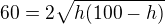 $60=2\sqrt{h(100-h)}$
