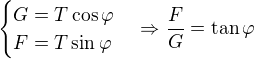 $\begin{cases}G=T\cos \varphi \\F=T\sin \varphi \end{cases} \Rightarrow \frac FG=\tan\varphi $