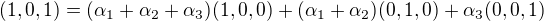 $(1,0,1)=(\alpha_{1}+\alpha_{2}+\alpha_{3})(1,0,0)+(\alpha_{1}+\alpha_{2})(0,1,0)+\alpha_{3}(0,0,1)$