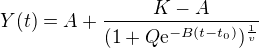 $Y(t) = A + \frac{K - A}{(1 + Q \mathrm{e}^{-B(t-t_{0})} )^{\frac{1}{v}}} $