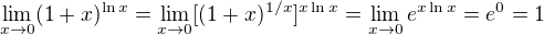 $\lim_{x\to 0} (1+x)^{\ln x}=\lim_{x\to 0} [(1+x)^{1/x}]^{x\ln x}=\lim_{x\to 0} e^{x\ln x}=e^0=1$