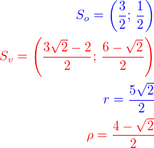 $\color{blue}S_o=\left(\frac{3}{2};\,\frac 12\right)\\\color{red}S_v=\left(\frac{3\sqrt 2-2}{2};\,\frac{6-\sqrt2}{2}\right)\\\color{blue}r=\frac{5\sqrt2}{2}\\\color{red}\rho=\frac{4-\sqrt2}{2}$