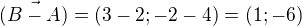 $\vec{(B-A)}=(3-2;-2-4)=(1;-6)$