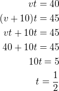 kopírovat do textarea $vt=40\\(v+10)t=45\\vt+10t=45\\40+10t=45\\10t=5\\t=\frac 12$