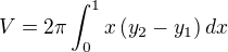 $V=2\pi \int_{0}^{1} x \,(y_2-y_1)\, dx$