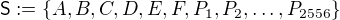 $\mathsf{S}:=\{A,B,C,D,E,F,P_1,P_2,\ldots,P_{2556}\}$