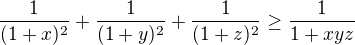 $\frac{1}{(1+x)^{2}}+\frac{1}{(1+y)^{2}}+\frac 1{(1+z )^2}\ge \frac{1}{1+xyz }$