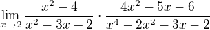 $\lim_{x\to2} \frac{x^{2}-4}{x^{2}-3x+2} \cdot \frac{4x^{2}-5x-6}{x^{4}-2x^{2}-3x-2}$