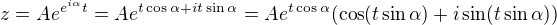 $z=Ae^{e^{i\alpha}t}=Ae^{t\cos\alpha+it\sin\alpha}=Ae^{t\cos\alpha}(\cos(t\sin\alpha)+i\sin(t\sin\alpha))$