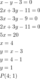 $x-y-3=0\nl2x+3y-11=0\nl3x-3y-9=0\nl2x+3y-11=0\nl5x=20\nlx=4\nly=x-3\nly=4-1\nly=1\nlP(4;\,1)$