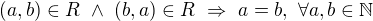 $(a,b)\in R\ \wedge\ (b,a)\in R\ \Rightarrow\ a=b,\ \forall a,b\in\mathbb{N}$