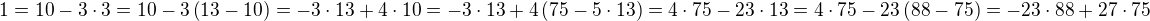 $1=10-3\cdot 3=10-3\(13-10\)=-3\cdot 13 +4\cdot 10=-3\cdot 13 +4\(75-5\cdot 13\)=4\cdot 75-23\cdot 13=4\cdot 75-23\(88-75\)=-23\cdot 88+27\cdot 75$
