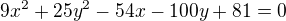 $9x^{2}+25y^{2}-54x-100y+81=0$