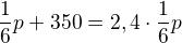 kopírovat do textarea $\frac 16 p + 350 = 2,4\cdot \frac 16 p $
