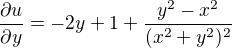 kopírovat do textarea $\frac{\partial u}{\partial y}=-2y+1+\frac{y^{2}-x^{2}}{(x^{2}+y^{2})^{2}}$