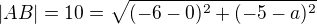 $|AB|=10=\sqrt{(-6-0)^2+(-5-a)^2}$