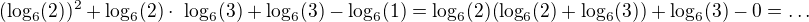 $(\log_{6}(2))^{2}+\log_{6}(2) \cdot� \log_{6}(3)+\log_{6}(3) - \log_{6}(1)=\log_{6}(2)(\log_{6}(2)+\log_{6}(3))+\log_{6}(3)-0=\ldots$