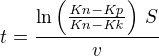 $t={{\ln \left({{{\it Kn}-{\it Kp}}\over{{\it Kn}-{\it Kk}}}\right) \,S}\over{v}}$