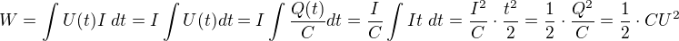 $W=\int{U(t)I \ dt}= I \int{U(t) dt}= I \int{\frac{Q(t)}{C} dt}= \frac{I}{C} \int{It \ dt}= \frac{I^2}{C} \cdot \frac{t^2}{2}= \frac{1}{2} \cdot \frac{Q^2}{C}= \frac{1}{2} \cdot CU^2$