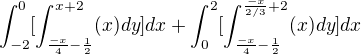 $\int_{-2}^{0}[\int_{\frac{-x}{4}-\frac{1}{2}}^{x+2}(x)dy]dx+\int_{0}^{2}[\int_{\frac{-x}{4}-\frac{1}{2}}^{\frac{-x}{2/3}+2}(x)dy]dx$