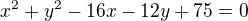 $x^{2}+y^{2}-16x-12y+75=0$