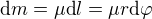 $\text dm=\mu\text dl=\mu r\text d\varphi$