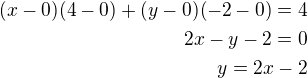 $(x-0)(4-0)+(y-0)(-2-0)=4\\2x-y-2=0\\y=2x-2$