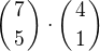 $\left({7\atop5}\right)\cdot\left({4\atop1}\right)$