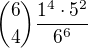 ${6 \choose 4}\frac{1^4\cdot 5^2}{6^6}$