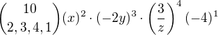 ${10\choose{2,3,4,1}}(x)^2\cdot(-2y)^{3}\cdot\left(\frac{3}{z}\right)^{4}(-4)^{1}$