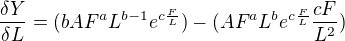 $\frac{\delta Y}{\delta L}=(bAF^{a}L^{b-1}e^{c\frac{F}{L}})-(AF^{a}L^{b}e^{c\frac{F}{L}}\frac{cF}{L^{2}})$