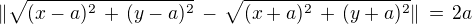 $\| \sqrt{(x-a)^2\,+\,(y-a)^2} \,-\,\sqrt{(x+a)^2\,+\,(y+a)^2} \|\,=\,2a$