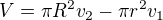 $V= \pi R^2v_2 - \pi r^2v_1 $