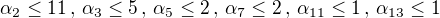 $\alpha_{2}\leq 11\,,\,\alpha_{3}\leq 5\,,\,\alpha_{5}\leq 2\,,\,\alpha_{7}\leq 2\,,\,\alpha_{11}\leq 1\,,\,\alpha_{13}\leq 1$