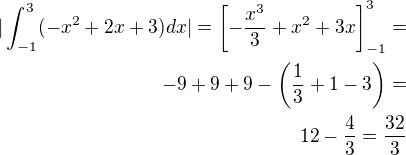 $| \int_{-1}^{3}(-x^{2}+2x+3)dx|=\left[-\frac{x^3}{3}+x^2+3x\right]_{-1}^{3}=\\-9+9+9-\left(\frac 13+1-3\right)=\\12-\frac 43=\frac{32}{3}$