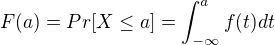 $F(a)=Pr[X\leq a]=\int_{-\infty}^{a}f(t)dt$