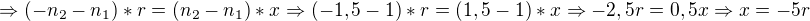 kopírovat do textarea $\Rightarrow (-n_2-n_1)*r = (n_2-n_1)*x\Rightarrow (-1,5-1)*r=(1,5-1)*x \Rightarrow -2,5r = 0,5x \Rightarrow x=-5r$
