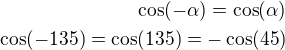 $\cos(-\alpha)=\cos(\alpha)\\\cos(-135)=\cos(135)=-\cos(45)$
