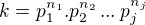 $k = p_1 ^{n_1} . p_2 ^{n_2} \,...\,p_j ^{n_j}$
