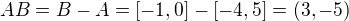 $AB=B-A=[-1,0]-[-4,5]=(3,-5)$