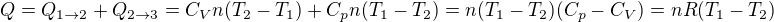 $Q=Q_{1\to2}+Q_{2\to3}=C_Vn(T_2-T_1)+C_pn(T_1-T_2)=n(T_1-T_2)(C_p-C_V)=nR(T_1-T_2)$