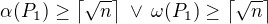 $\alpha (P_1) \geq \left\lceil \sqrt{n} \right\rceil \:\vee \: \omega (P_1) \geq \left\lceil \sqrt{n} \right\rceil$