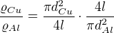 $\frac{\varrho _{Cu}}{\varrho _{Al}}=\frac{\pi d^{2}_{Cu}}{4l}\cdot \frac{4l}{\pi d^{2}_{Al}}$