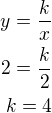 $y=\frac kx\\2=\frac{k}{2}\\k=4$